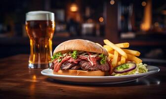 ai gegenereerd Hamburger met een glas van bier Aan een tafel in een kroeg foto