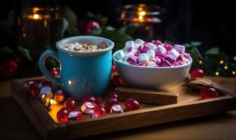 ai gegenereerd heet chocola met granaatappel en marshmallows Aan houten achtergrond. foto