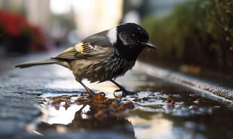 ai gegenereerd Super goed tit parus majoor in een plas na de regen foto