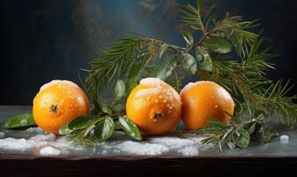 ai gegenereerd Kerstmis nog steeds leven met mandarijnen en Spar takken Aan donker achtergrond foto