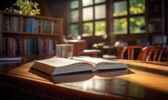 ai gegenereerd Open boek Aan een houten tafel in een bibliotheek. selectief focus. foto