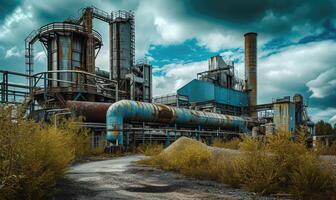 ai gegenereerd verlaten industrieel fabriek in de midden- van de Woud met blauw lucht foto