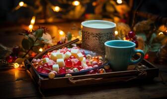 ai gegenereerd heet chocola met granaatappel en marshmallows Aan houten achtergrond. foto