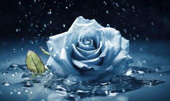 ai gegenereerd mooi wit roos met water druppels Aan een donker blauw achtergrond. foto