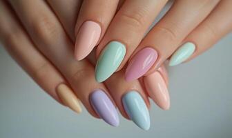 ai gegenereerd vrouw handen met roze en beige manicure en nagel Pools. foto