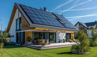 ai gegenereerd modern huis met zonne- panelen geïnstalleerd Aan de dak. modern huis met zonne- panelen geïnstalleerd Aan de dak. foto