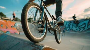 ai gegenereerd bmx trucs, zacht focus lens, bmx rijder het uitvoeren van trucs in een skatepark of stedelijk instelling, achtergrond afbeelding, generatief ai foto