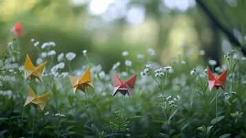 ai gegenereerd origami tuin, illustreren een betoverend tuin tafereel met origami bloemen, planten en vlinders, achtergrond afbeelding, generatief ai foto