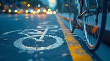 ai gegenereerd fiets rijbaan avontuur, fietser rijden naar beneden een toegewezen fiets rijbaan in een stedelijk instelling, achtergrond afbeelding, generatief ai foto