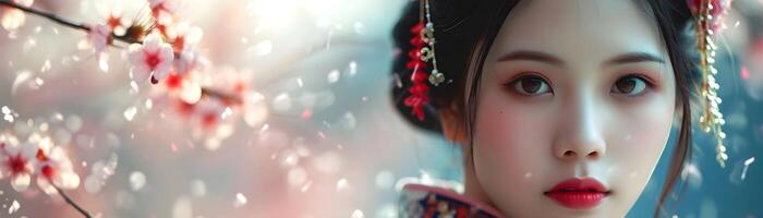ai gegenereerd portret van jong mooi Japans vrouw vervelend traditioneel Japans kleren, generatief ai foto