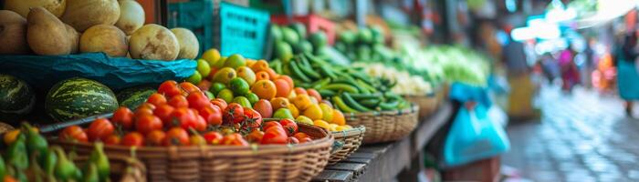 ai gegenereerd lokaal markt ontdekking, vitrine een reiziger verkennen een levendig lokaal markt, achtergrond beeld generatief ai foto