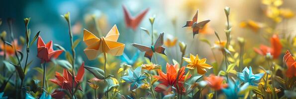 ai gegenereerd origami tuin, illustreren een betoverend tuin tafereel met origami bloemen, planten en vlinders, achtergrond afbeelding, generatief ai foto