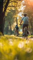 ai gegenereerd vernieuwd buitenshuis activiteiten, mensen innemend in buitenshuis activiteiten Leuk vinden fietsen, hiking, of spelen sport- in de aangenaam voorjaar het weer, achtergrond afbeelding, generatief ai foto