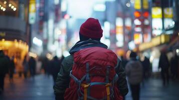 ai gegenereerd solo backpacker, eenzaam backpacker tegen een verbijsterend natuurlijk achtergrond, achtergrond beeld generatief ai foto