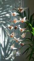 ai gegenereerd origami mobiel, mobiel samengesteld van delicaat origami creaties, achtergrond afbeelding, generatief ai foto