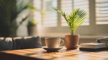 ai gegenereerd minimalistische bureau opstelling met een ingemaakt plant, een kop van koffie, en netjes geregeld kantoor benodigdheden, achtergrond afbeelding, generatief ai foto