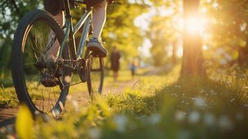 ai gegenereerd vernieuwd buitenshuis activiteiten, mensen innemend in buitenshuis activiteiten Leuk vinden fietsen, hiking, of spelen sport- in de aangenaam voorjaar het weer, achtergrond afbeelding, generatief ai foto