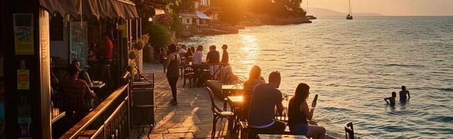 ai gegenereerd strand cafe tafereel gedurende zonsondergang, achtergrond afbeelding, generatief ai foto