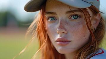 ai gegenereerd portret van een rood haar- wit vrouw in basketbal speler uniform, achtergrond afbeelding, ai gegenereerd foto