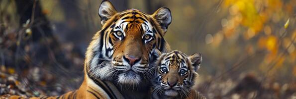 ai gegenereerd portret van een mannetje tijger met een weinig tijger welp, achtergrond afbeelding, generatief ai foto