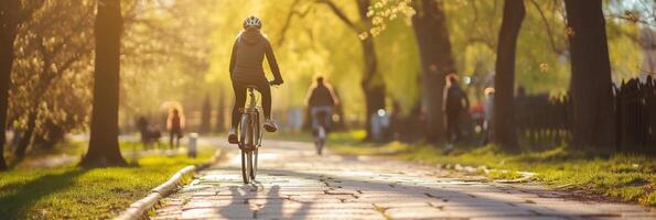 ai gegenereerd vernieuwd buitenshuis activiteiten, mensen innemend in buitenshuis activiteiten Leuk vinden fietsen, hiking, of spelen sport- in de aangenaam voorjaar het weer, achtergrond afbeelding, generatief ai foto