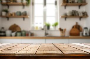 ai gegenereerd hout tafel top Aan vervagen keuken kamer achtergrond .voor montage Product Scherm of ontwerp sleutel zichtbaar indeling. foto