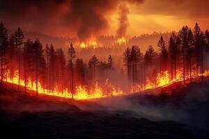 ai gegenereerd illustratie van een 's nachts Woud brand ramp, bomen overspoeld in vlammen, beeltenis de verwoestend Effecten van wildvuur en milieu verwoesting veroorzaakt door globaal opwarming foto