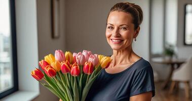 ai gegenereerd portret van een mooi ouderen vrouw met een boeket van tulp bloemen in de leven kamer foto