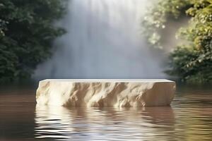 ai gegenereerd 3d weergegeven Product Scherm podium temidden van een rustig Woud en trapsgewijs waterval backdrop foto