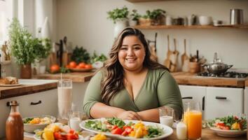 ai gegenereerd heel dik vrouw in de keuken met groenten, gewicht verlies concept foto