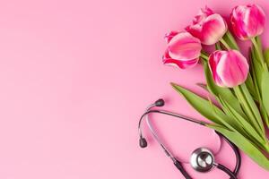 ai gegenereerd bundel van tulpen en stethoscoop Aan roze achtergrond. top visie met kopiëren ruimte. nationaal dokter dag. gelukkig verpleegster dag. foto