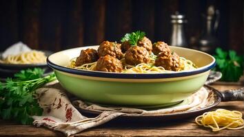 ai gegenereerd heerlijk smakelijk gehaktballen met spaghetti in de keuken foto