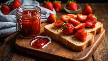 ai gegenereerd heerlijk smakelijk brood met aardbei jam Aan de tafel foto