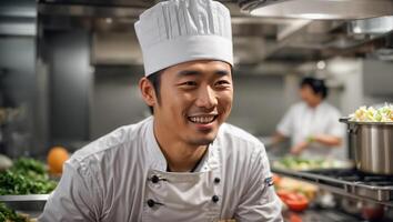 ai gegenereerd gelukkig Aziatisch mannetje koken in restaurant keuken foto
