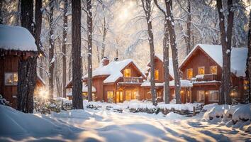 ai gegenereerd winter huizen in de Woud foto