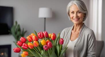 ai gegenereerd portret van een mooi ouderen vrouw met een boeket van tulp bloemen in de leven kamer foto