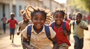 ai gegenereerd gelukkig Afrikaanse Amerikaans schoolkinderen rennen door de school- werf foto