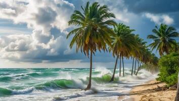 ai gegenereerd sterk wind tropisch storm palm bomen, oceaan kust foto