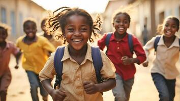 ai gegenereerd gelukkig Afrikaanse Amerikaans schoolkinderen rennen door de school- werf foto