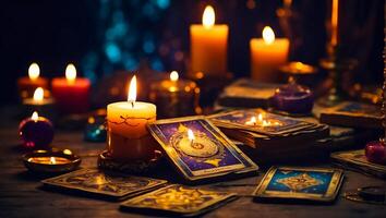 ai gegenereerd tarot kaarten, kaarsen achtergrond foto