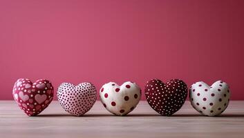 ai gegenereerd Valentijnsdag dag achtergrond met rood harten Aan houten tafel. foto