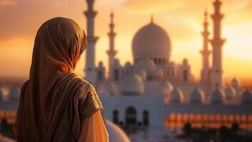 ai gegenereerd moslim vrouw in voorkant van de moskee Bij zonsondergang. Ramadan kareem achtergrond foto