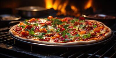 ai gegenereerd pizza met tomaten, Mozzarella en rucola in de oven foto