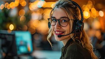 ai gegenereerd portret van jong vrouw met koptelefoon Bij werkplaats in telefoontje centrum foto