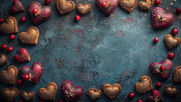 ai gegenereerd Valentijnsdag dag achtergrond met hartvormig koekjes en rood bessen foto