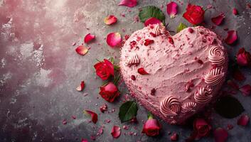 ai gegenereerd Valentijnsdag dag hartvormig taart met roze room en roos bloemblaadjes foto