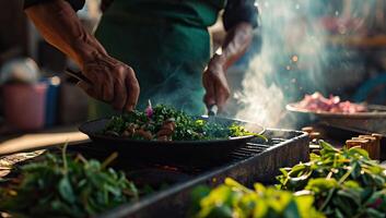 ai gegenereerd chef voorbereidingen treffen vers salade Aan buitenshuis rooster foto