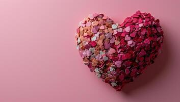 ai gegenereerd hart vormig decoratie gemaakt van kleurrijk bloem bloemblaadjes Aan een roze achtergrond. valentijnsdag dag concept foto
