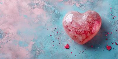 ai gegenereerd Valentijnsdag dag achtergrond. roze hart Aan een blauw achtergrond. foto