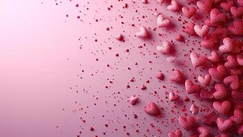 ai gegenereerd Valentijnsdag dag achtergrond met roze harten en confetti foto